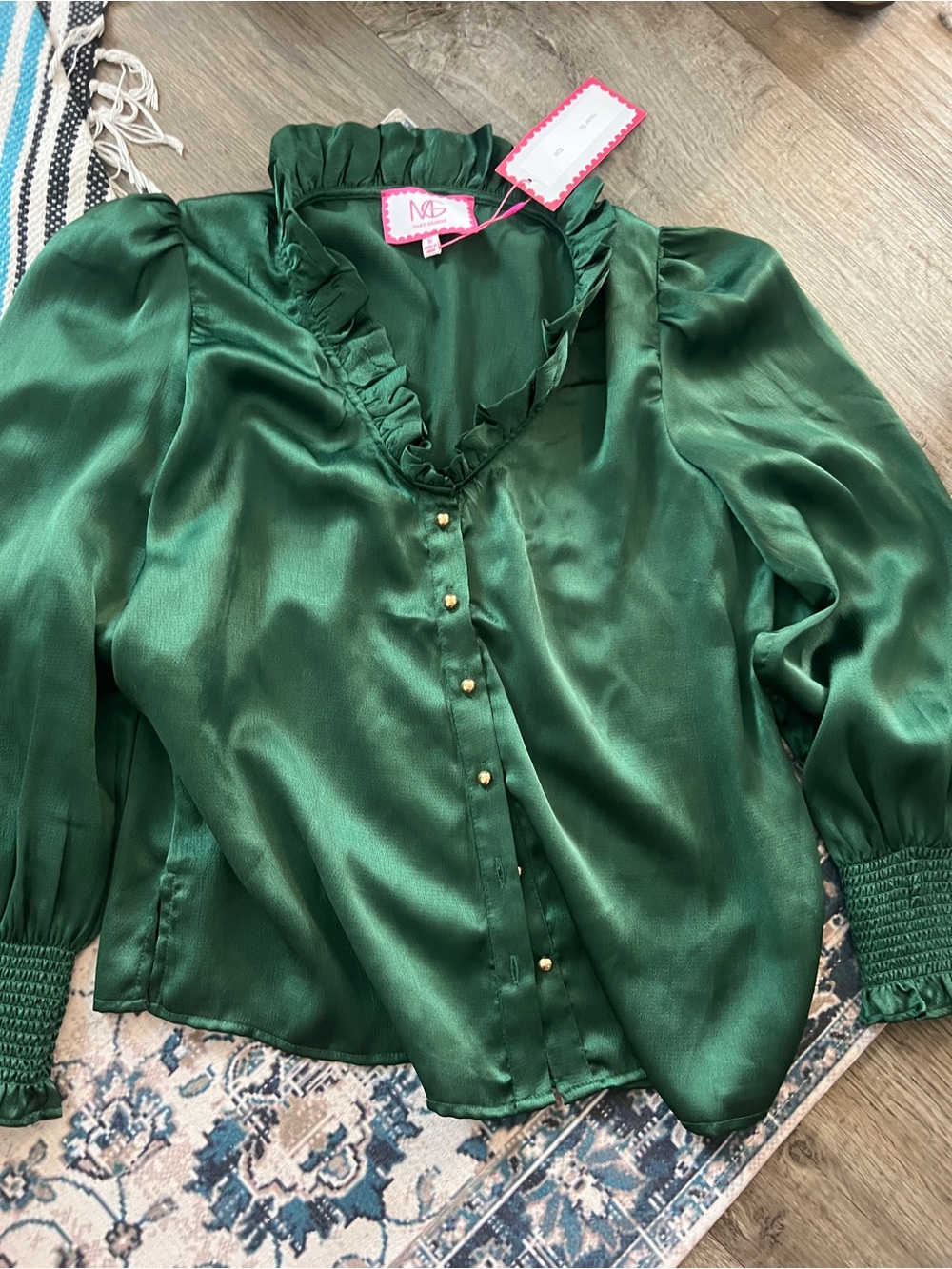 NWT Mary George Harper top Emerald Satin Ruffle V-Neck Blouse with Gold Buttons